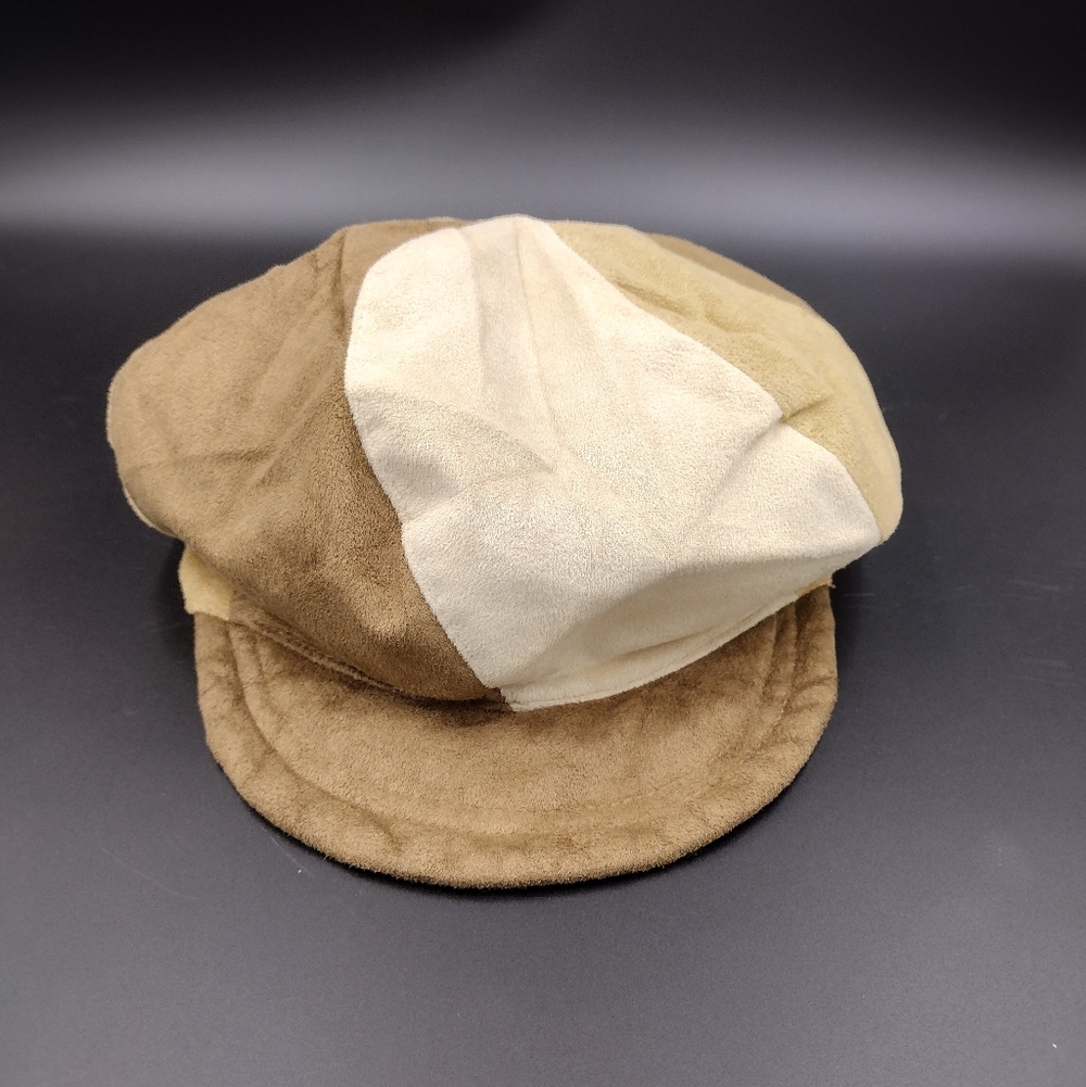 Y2k Vintage Newsboy Gatsby Cabbie Baker Boy Hat Cap Faux Suede Brown Tan Cream